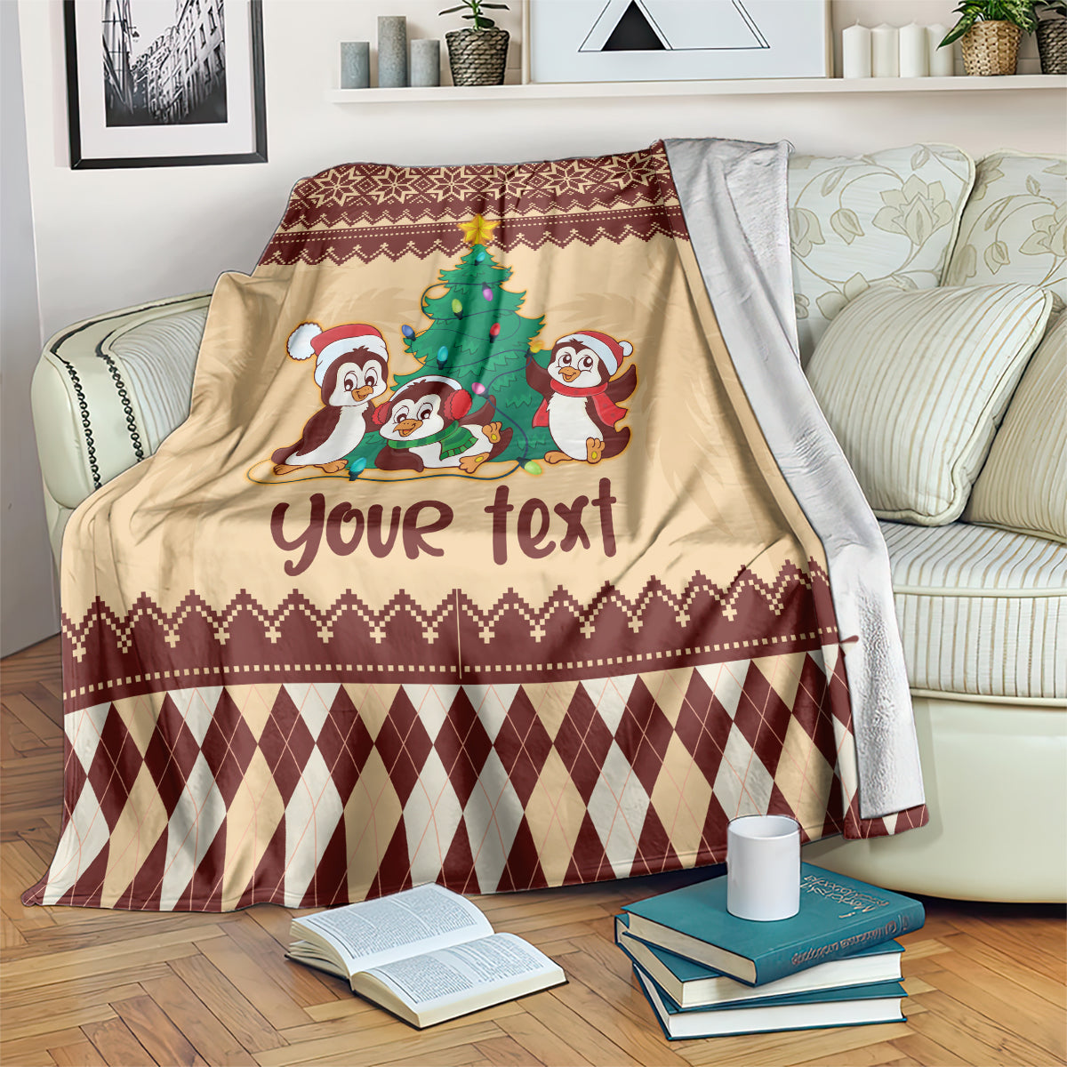australia-penguin-christmas-argyle-pattern-personalised-blanket