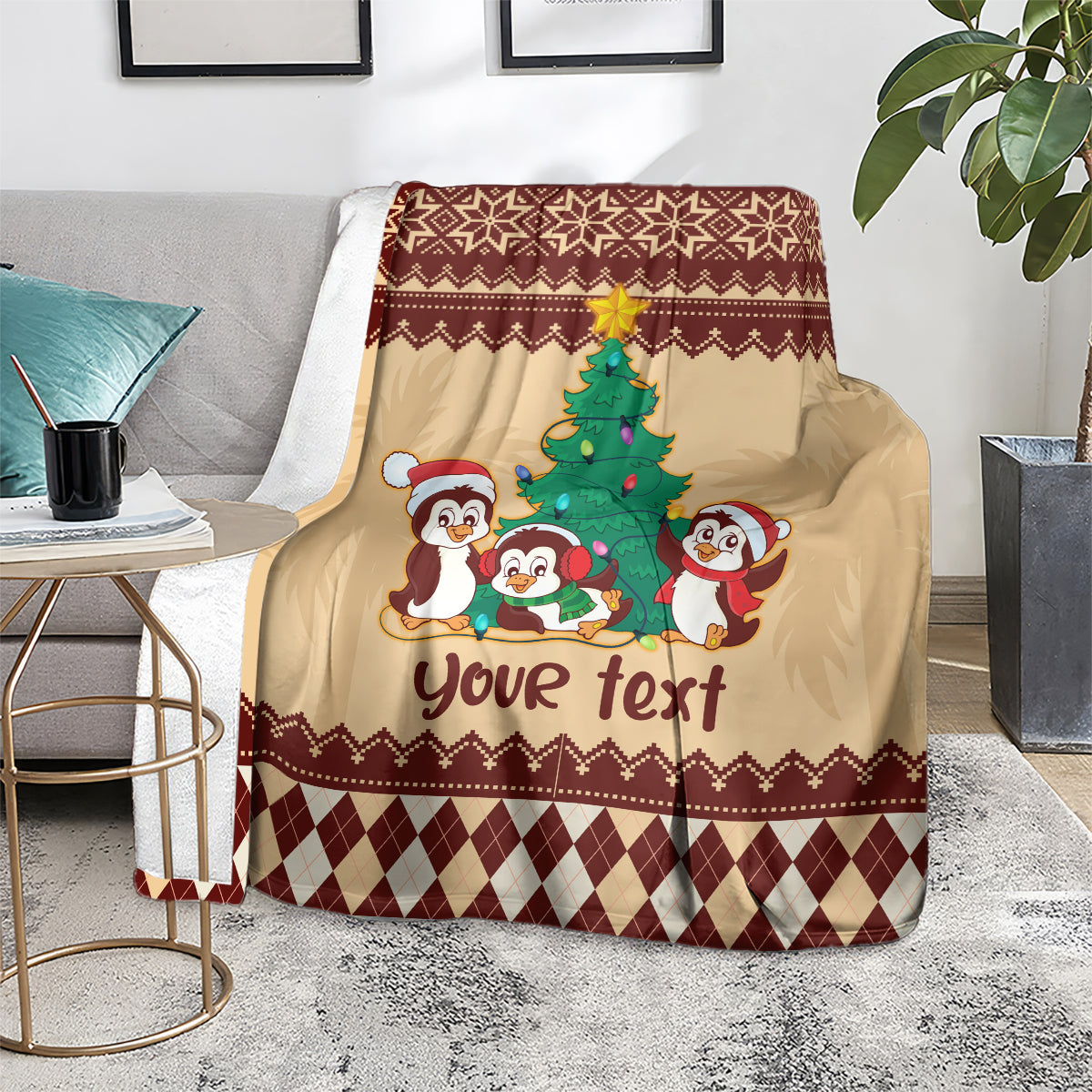 australia-penguin-christmas-argyle-pattern-personalised-blanket