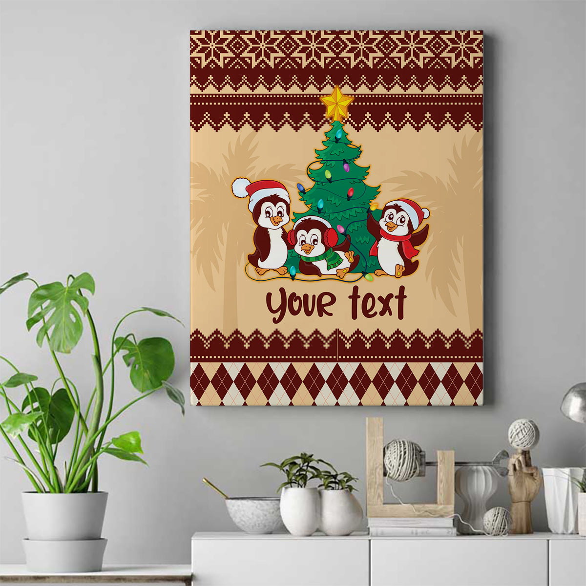 australia-penguin-christmas-argyle-pattern-personalised-canvas-wall-art