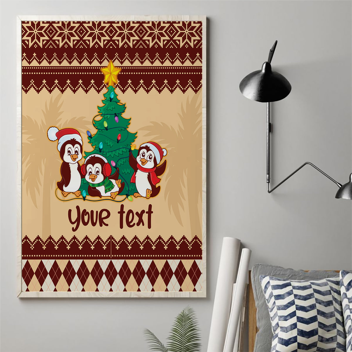 australia-penguin-christmas-argyle-pattern-personalised-canvas-wall-art