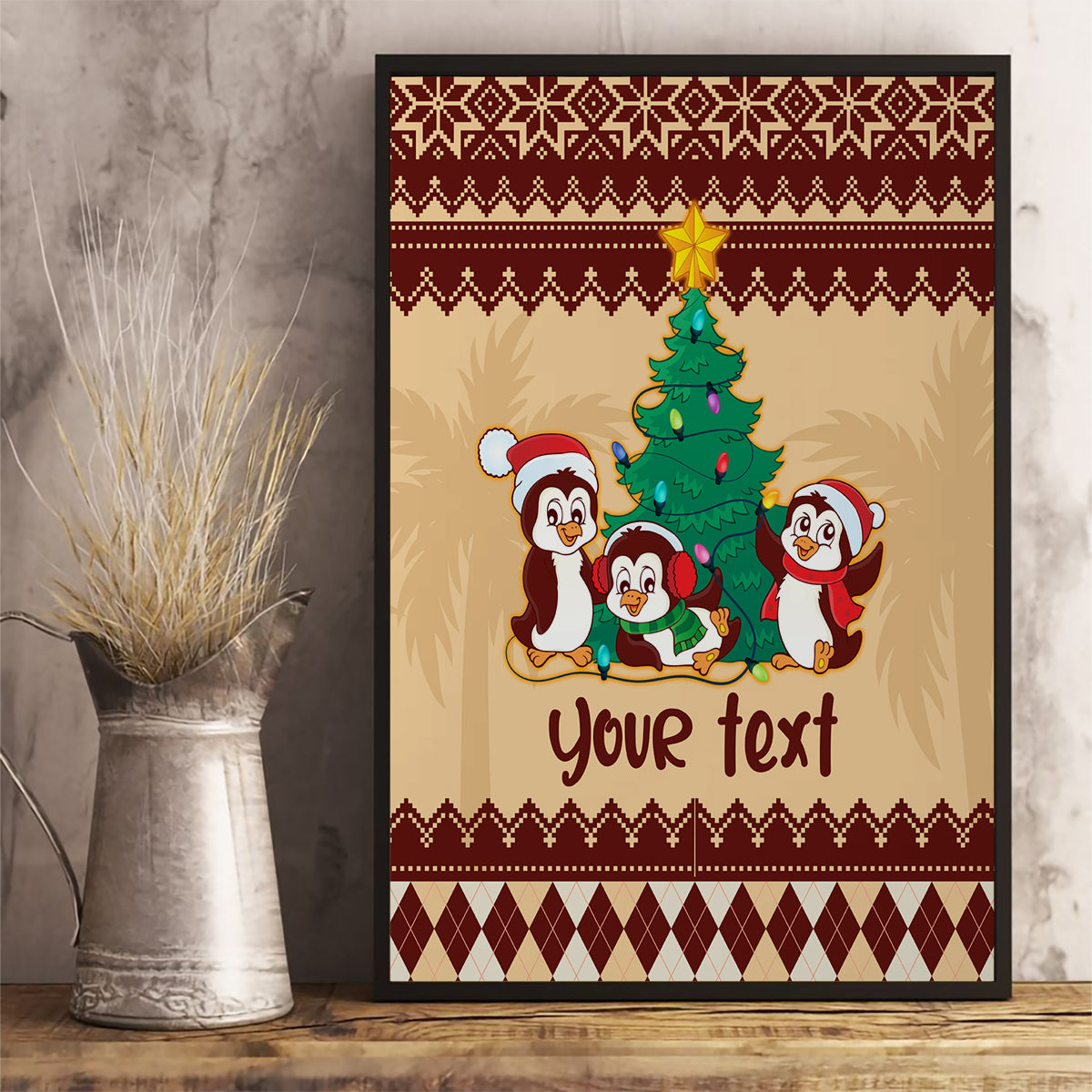 australia-penguin-christmas-argyle-pattern-personalised-canvas-wall-art