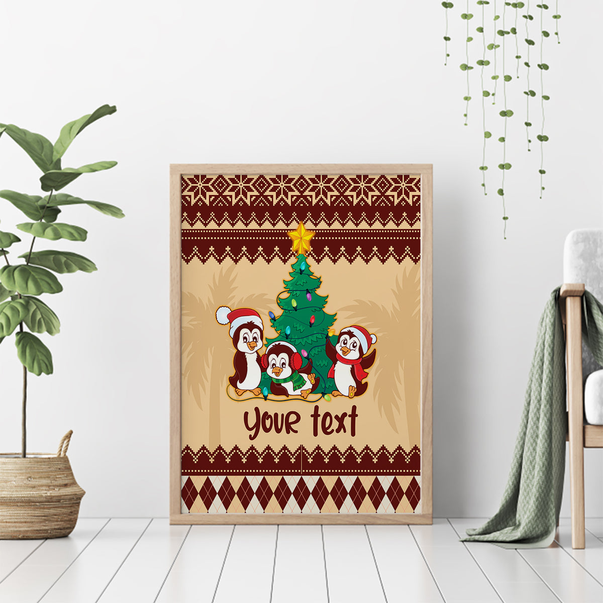 australia-penguin-christmas-argyle-pattern-personalised-canvas-wall-art