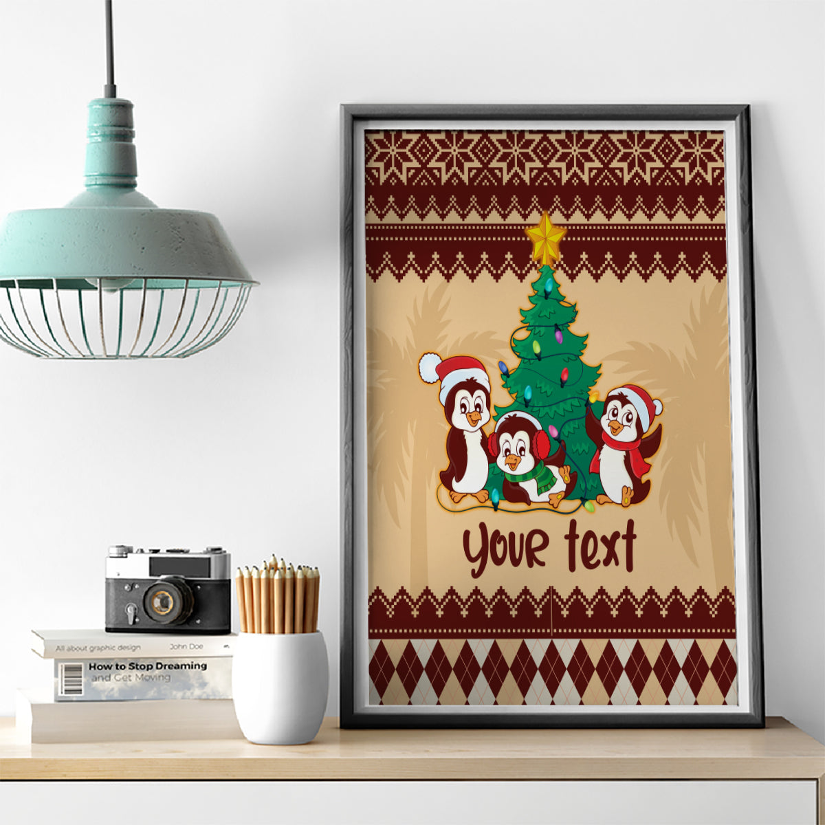 australia-penguin-christmas-argyle-pattern-personalised-canvas-wall-art