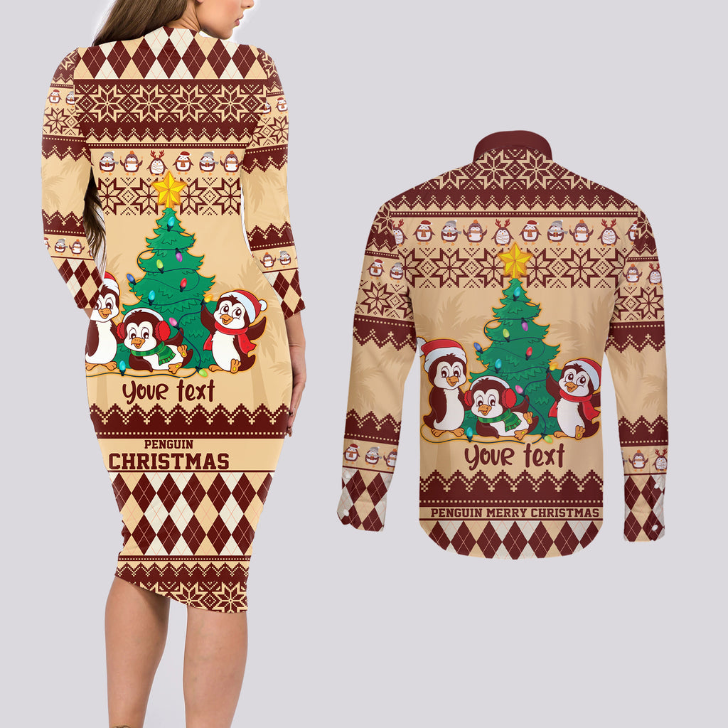 australia-penguin-christmas-argyle-pattern-personalised-couples-matching-long-sleeve-bodycon-dress-and-long-sleeve-button-shirt