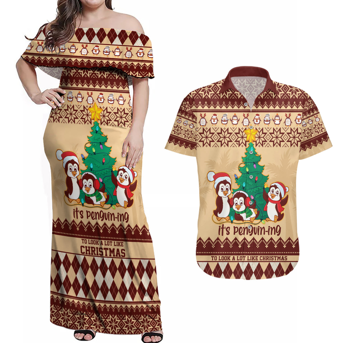 australia-penguin-christmas-argyle-pattern-personalised-couples-matching-off-shoulder-maxi-dress-and-hawaiian-shirt