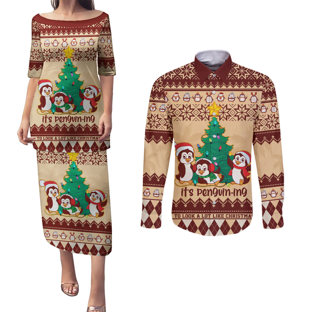 australia-penguin-christmas-argyle-pattern-personalised-couples-matching-puletasi-dress-and-long-sleeve-button-shirt