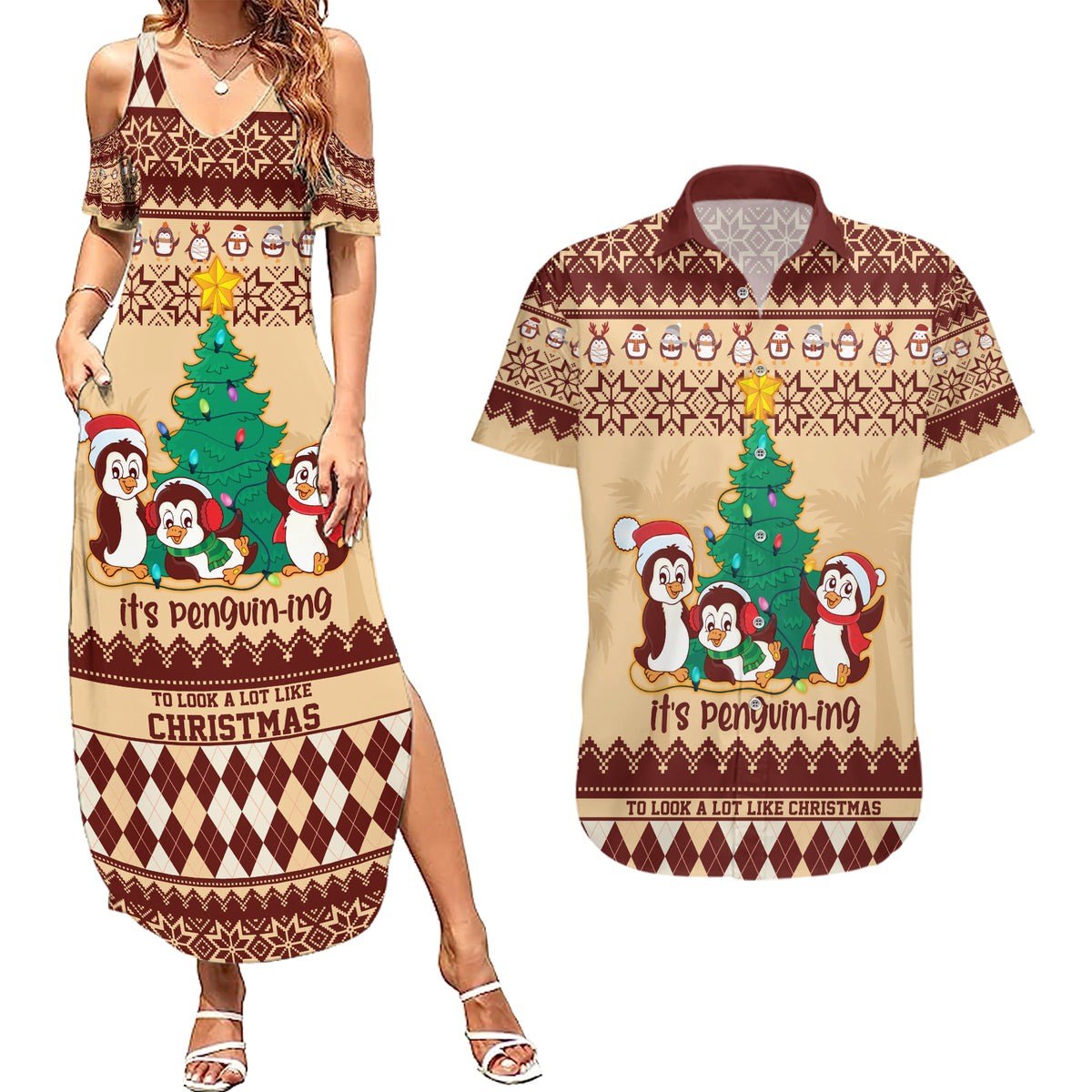 australia-penguin-christmas-argyle-pattern-personalised-couples-matching-summer-maxi-dress-and-hawaiian-shirt