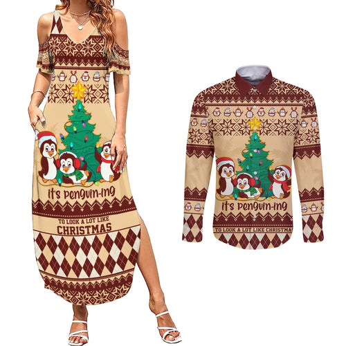 australia-penguin-christmas-argyle-pattern-personalised-couples-matching-summer-maxi-dress-and-long-sleeve-button-shirt