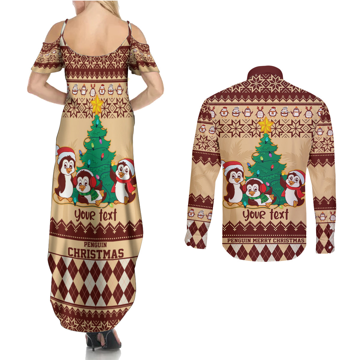 australia-penguin-christmas-argyle-pattern-personalised-couples-matching-summer-maxi-dress-and-long-sleeve-button-shirt