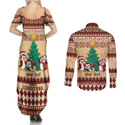 australia-penguin-christmas-argyle-pattern-personalised-couples-matching-summer-maxi-dress-and-long-sleeve-button-shirt