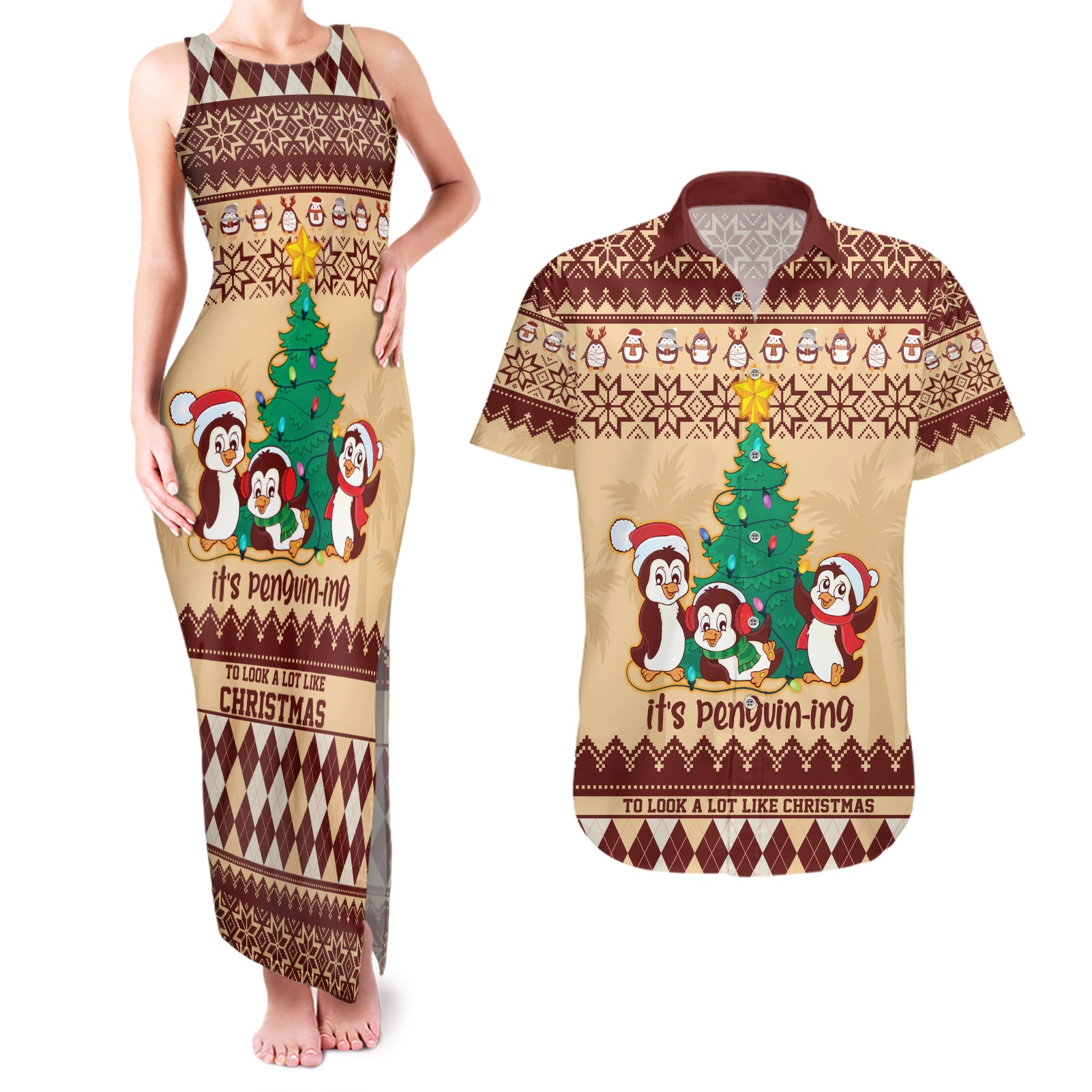 australia-penguin-christmas-argyle-pattern-personalised-couples-matching-tank-maxi-dress-and-hawaiian-shirt