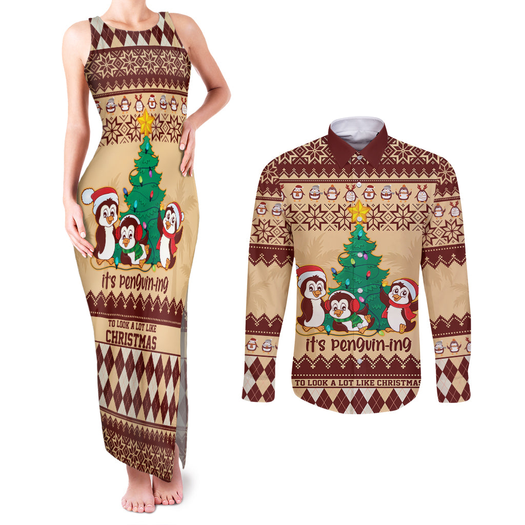 australia-penguin-christmas-argyle-pattern-personalised-couples-matching-tank-maxi-dress-and-long-sleeve-button-shirt