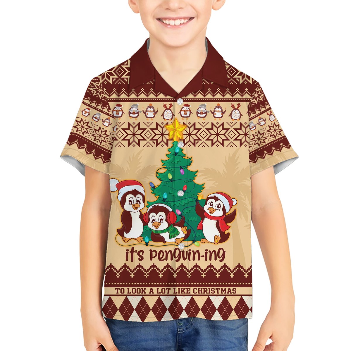 australia-penguin-christmas-argyle-pattern-personalised-hawaiian-shirt