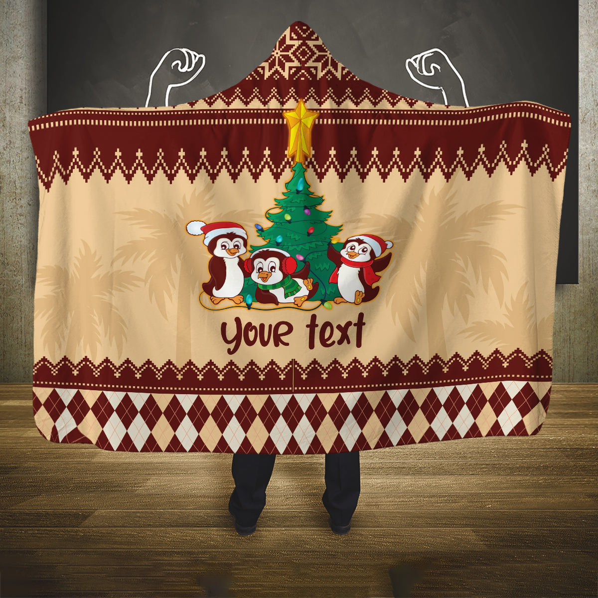 australia-penguin-christmas-argyle-pattern-personalised-hooded-blanket