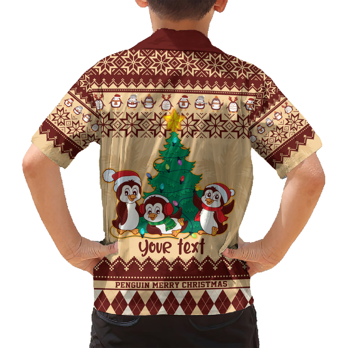 australia-penguin-christmas-argyle-pattern-personalised-kid-hawaiian-shirt