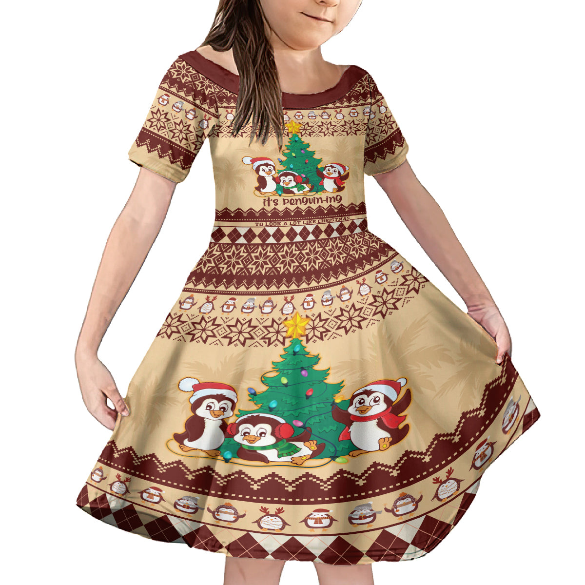 australia-penguin-christmas-argyle-pattern-personalised-kid-short-sleeve-dress