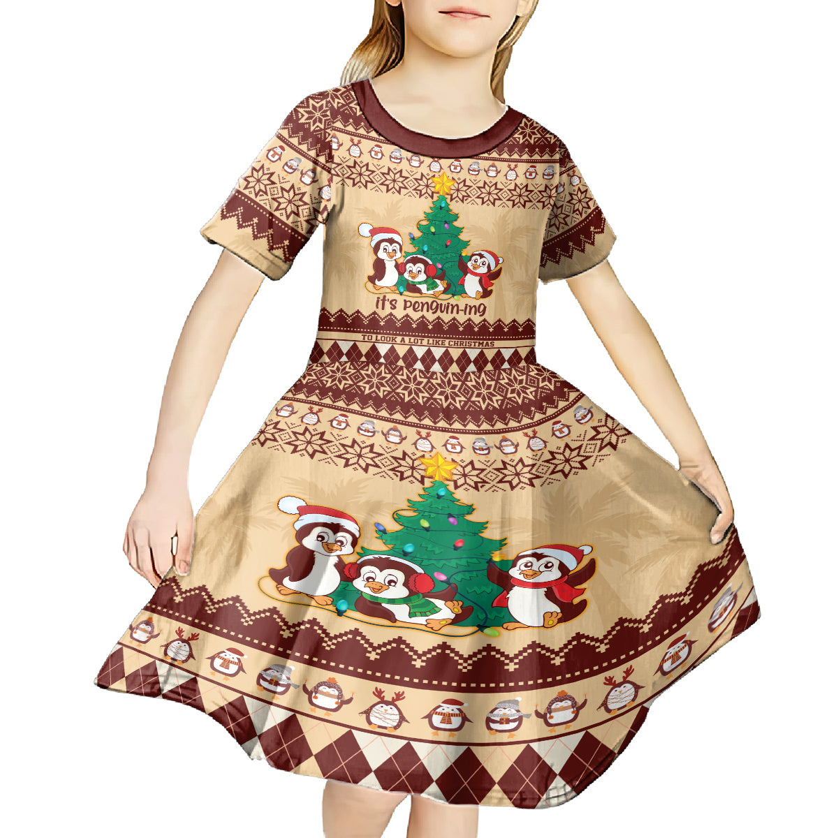 australia-penguin-christmas-argyle-pattern-personalised-kid-short-sleeve-dress