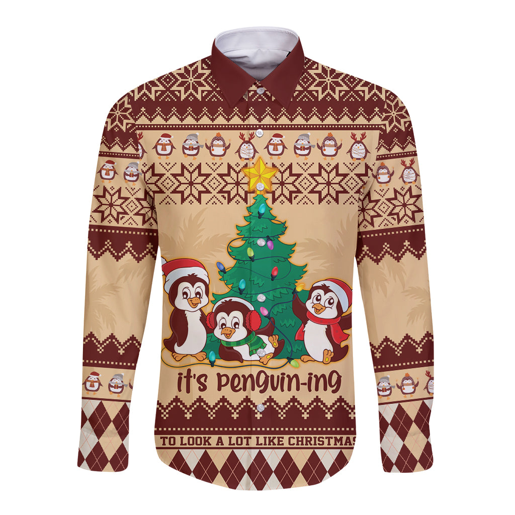 australia-penguin-christmas-argyle-pattern-personalised-long-sleeve-button-shirt