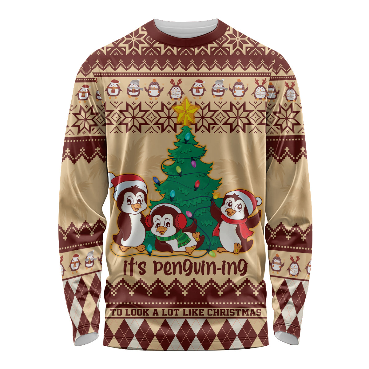 australia-penguin-christmas-argyle-pattern-personalised-long-sleeve-shirt
