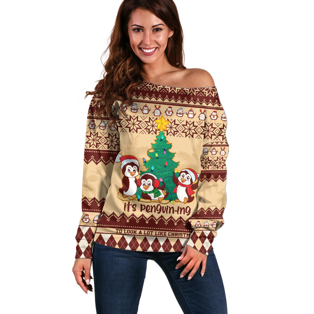australia-penguin-christmas-argyle-pattern-personalised-off-shoulder-sweater
