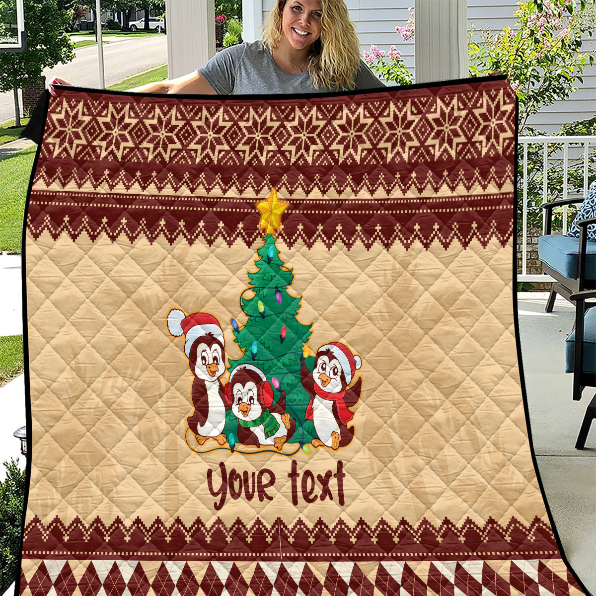 australia-penguin-christmas-argyle-pattern-personalised-quilt
