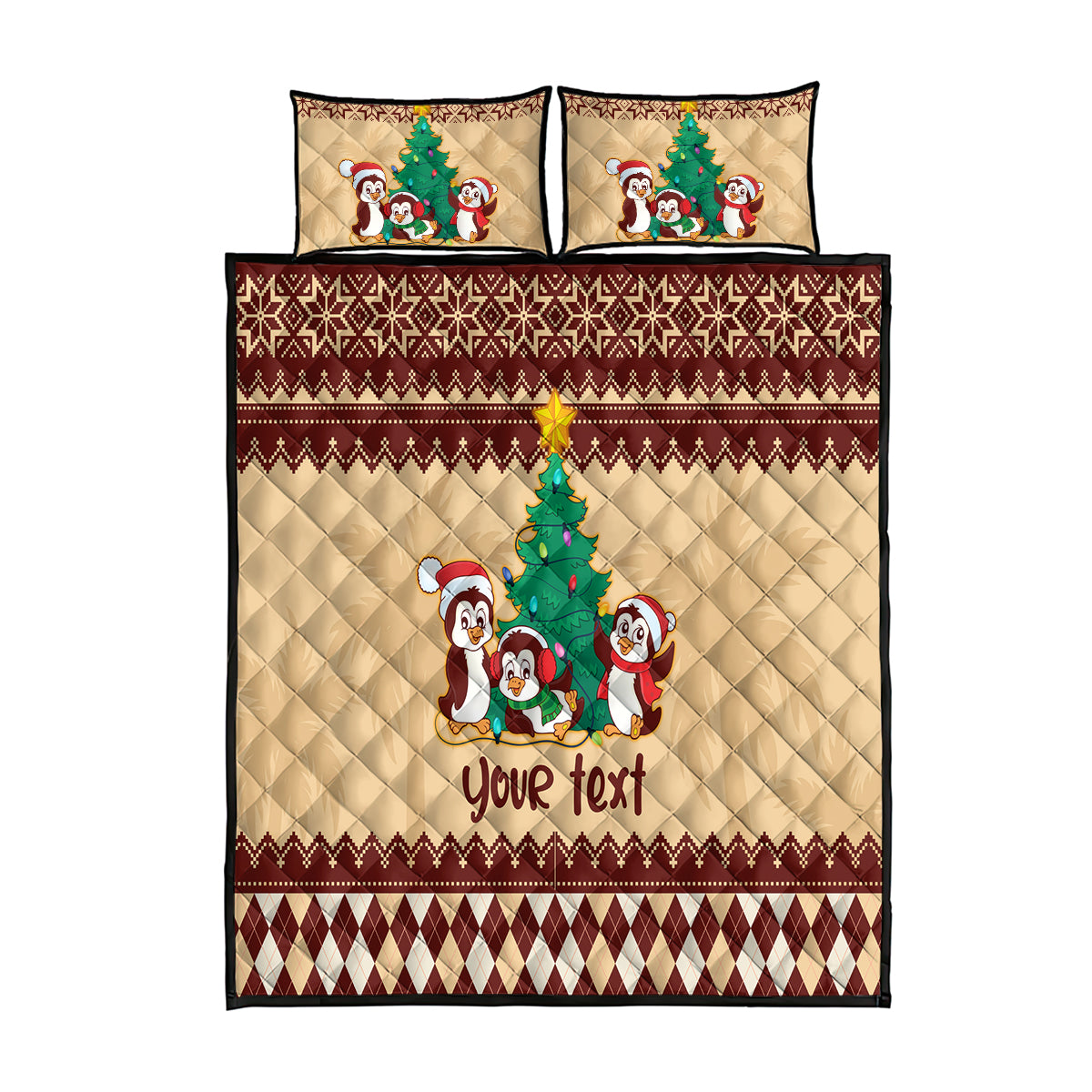 australia-penguin-christmas-argyle-pattern-personalised-quilt-bed-set