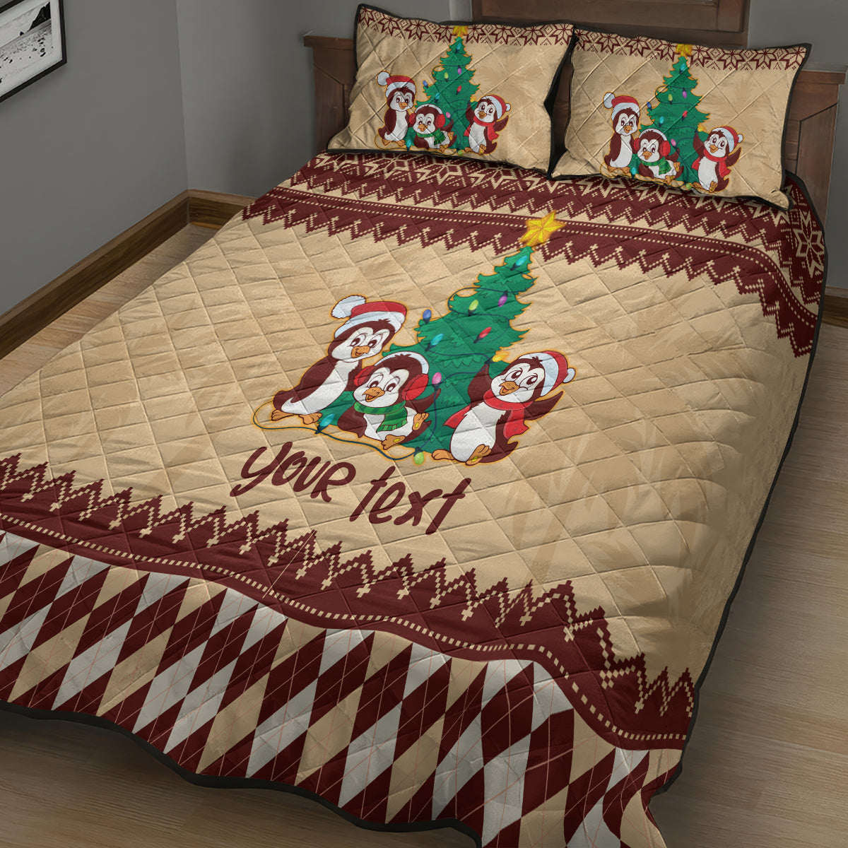 australia-penguin-christmas-argyle-pattern-personalised-quilt-bed-set