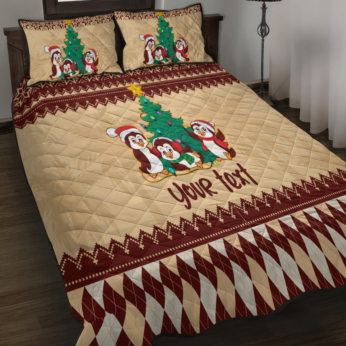 australia-penguin-christmas-argyle-pattern-personalised-quilt-bed-set