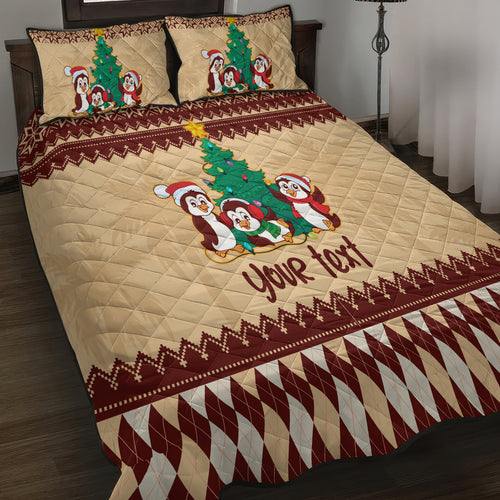 australia-penguin-christmas-argyle-pattern-personalised-quilt-bed-set