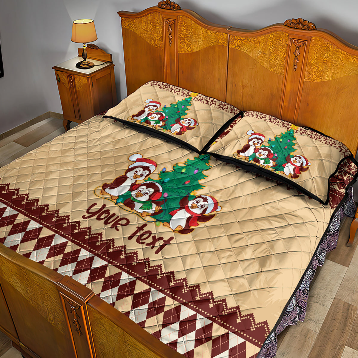 australia-penguin-christmas-argyle-pattern-personalised-quilt-bed-set