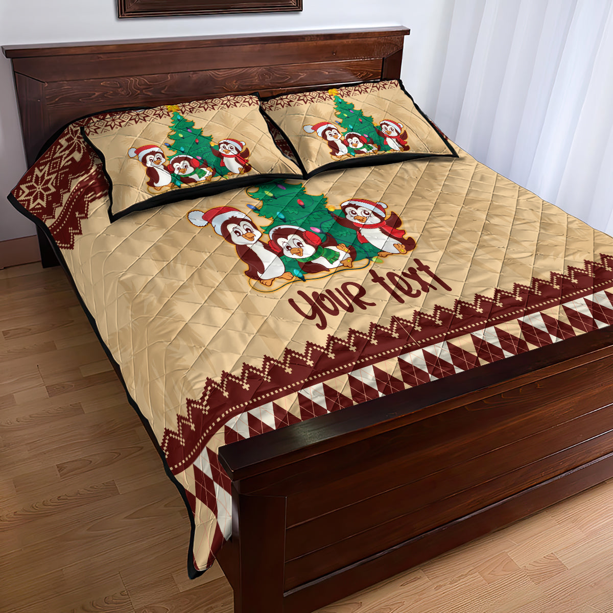 australia-penguin-christmas-argyle-pattern-personalised-quilt-bed-set