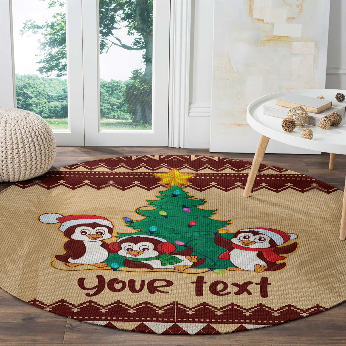 australia-penguin-christmas-argyle-pattern-personalised-round-carpet