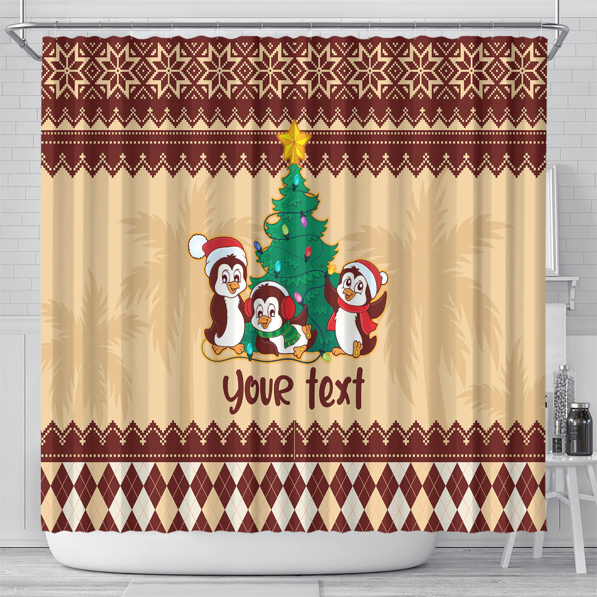 australia-penguin-christmas-argyle-pattern-personalised-shower-curtain