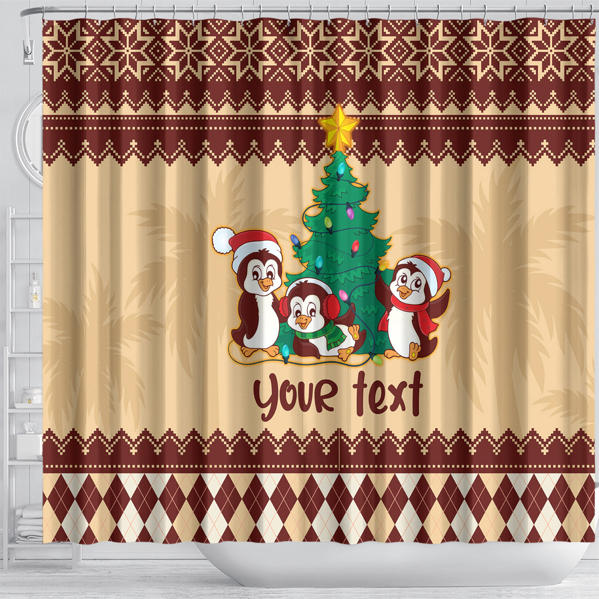 australia-penguin-christmas-argyle-pattern-personalised-shower-curtain