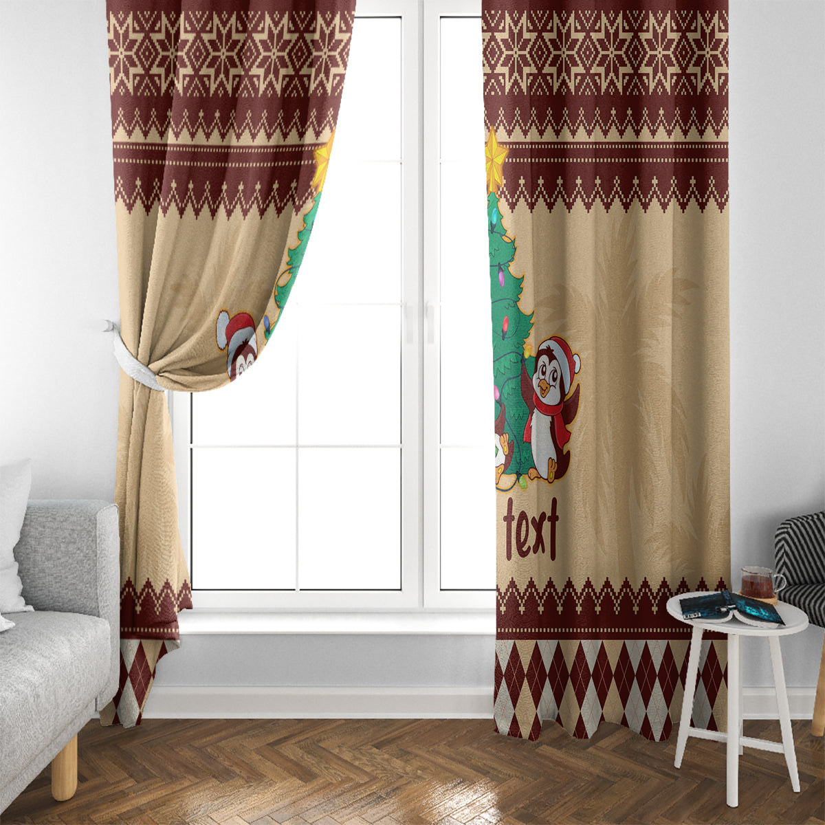 australia-penguin-christmas-argyle-pattern-personalised-window-curtain