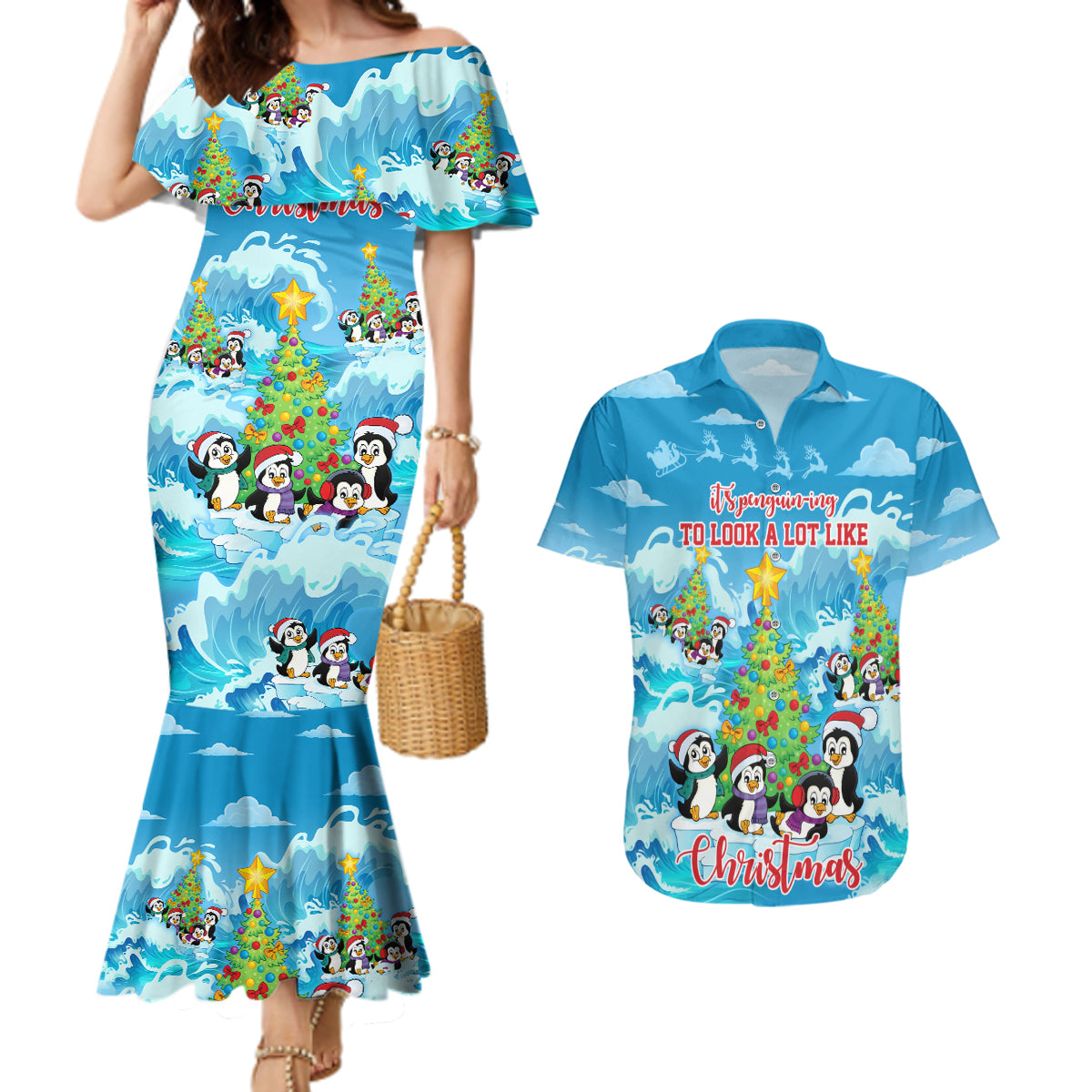 its-penguin-ing-to-look-a-lot-like-christmas-couples-matching-mermaid-dress-and-hawaiian-shirt
