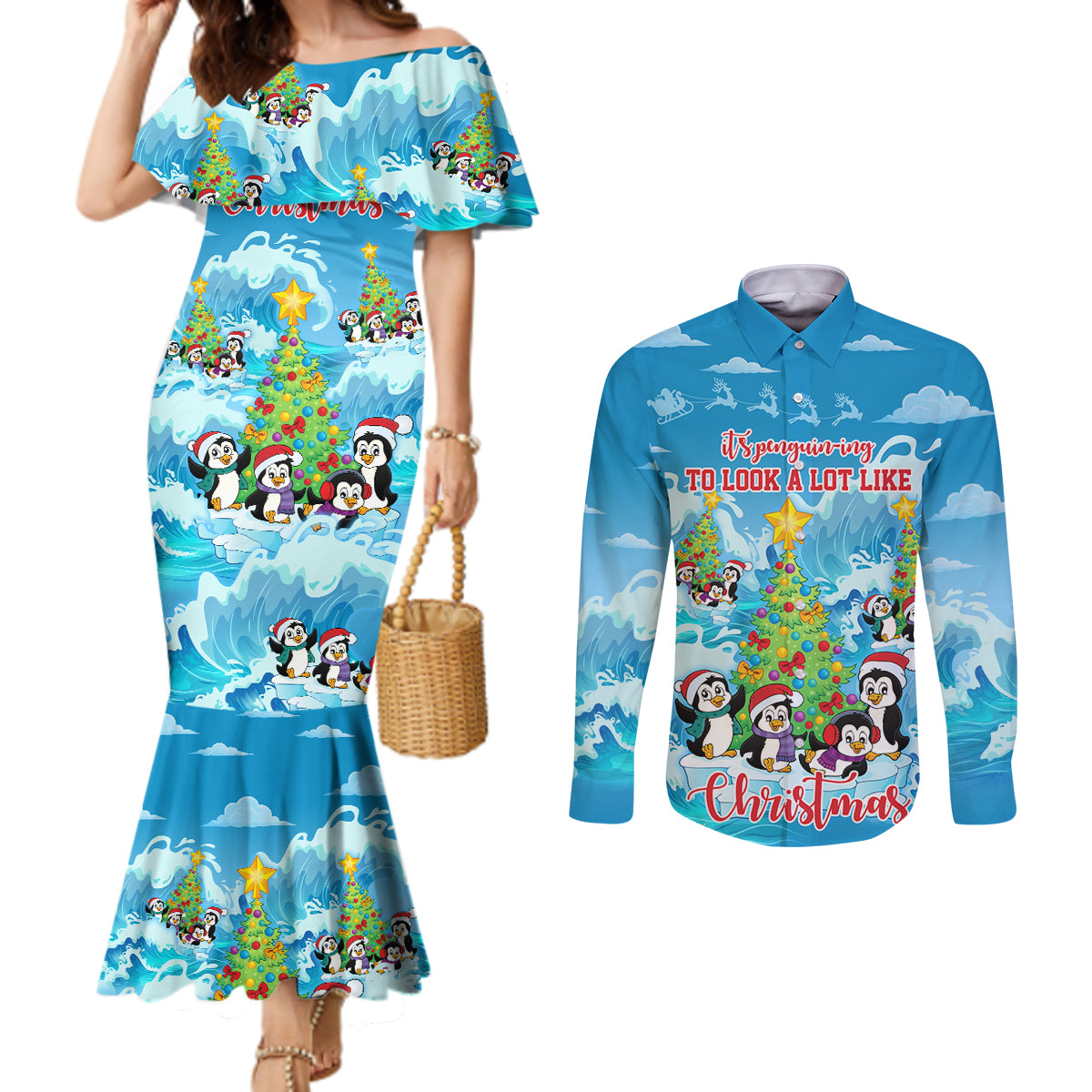 its-penguin-ing-to-look-a-lot-like-christmas-couples-matching-mermaid-dress-and-long-sleeve-button-shirt