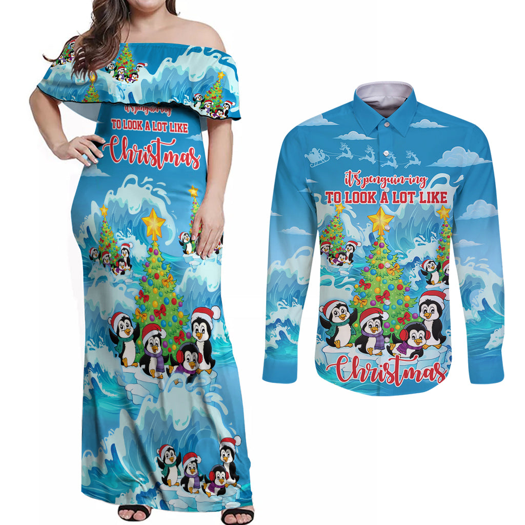 its-penguin-ing-to-look-a-lot-like-christmas-couples-matching-off-shoulder-maxi-dress-and-long-sleeve-button-shirt