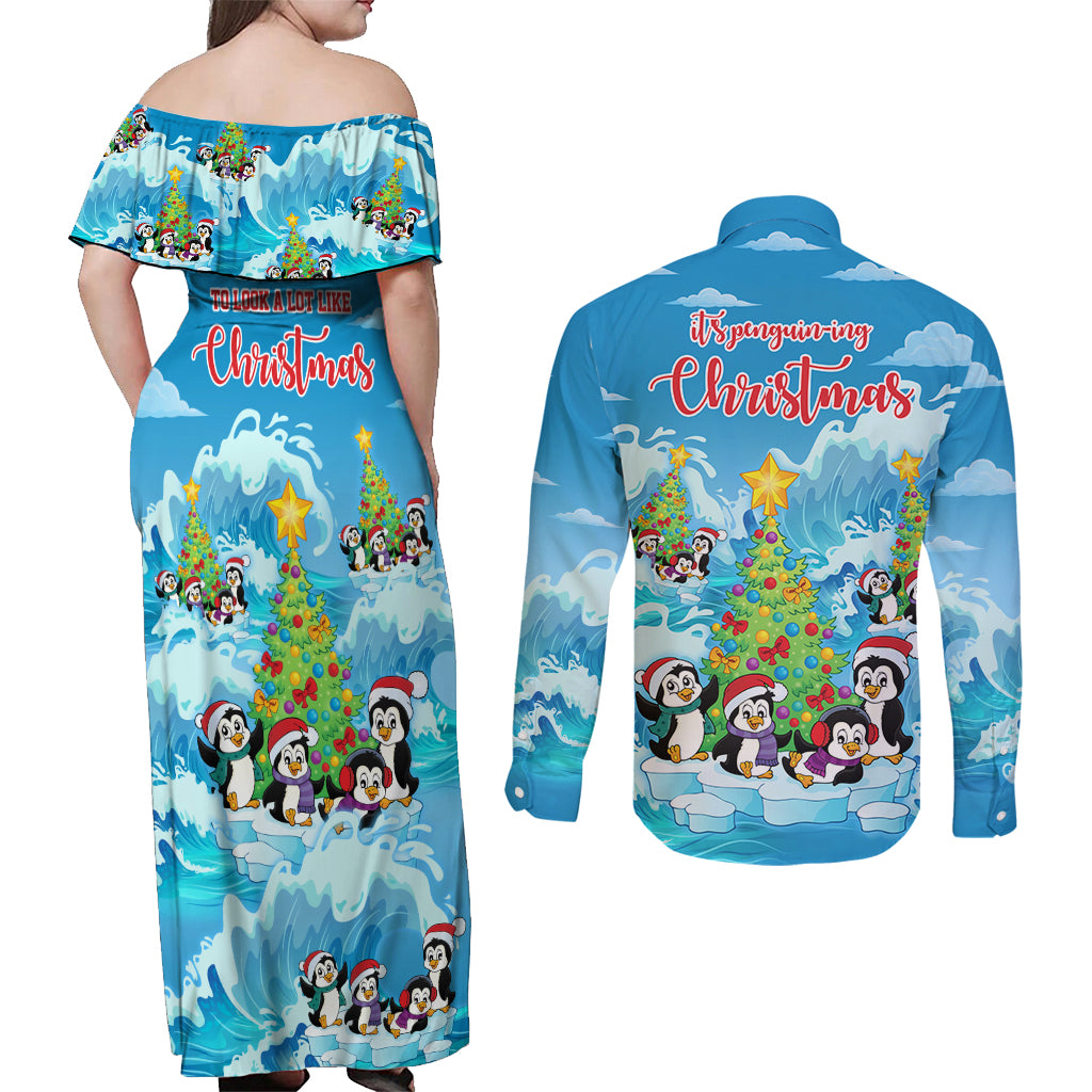 its-penguin-ing-to-look-a-lot-like-christmas-couples-matching-off-shoulder-maxi-dress-and-long-sleeve-button-shirt
