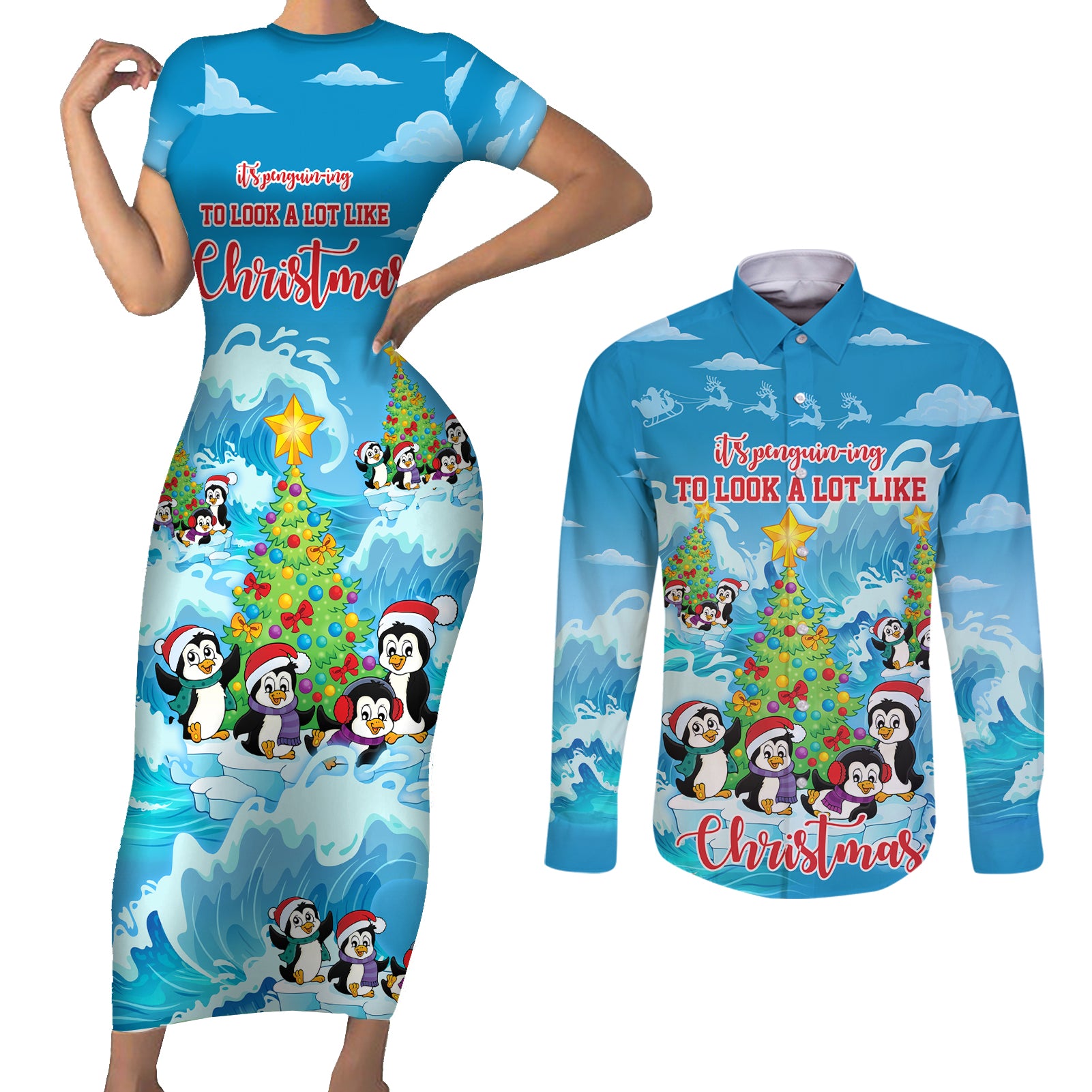 its-penguin-ing-to-look-a-lot-like-christmas-couples-matching-short-sleeve-bodycon-dress-and-long-sleeve-button-shirt