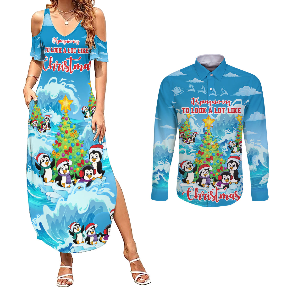 its-penguin-ing-to-look-a-lot-like-christmas-couples-matching-summer-maxi-dress-and-long-sleeve-button-shirt