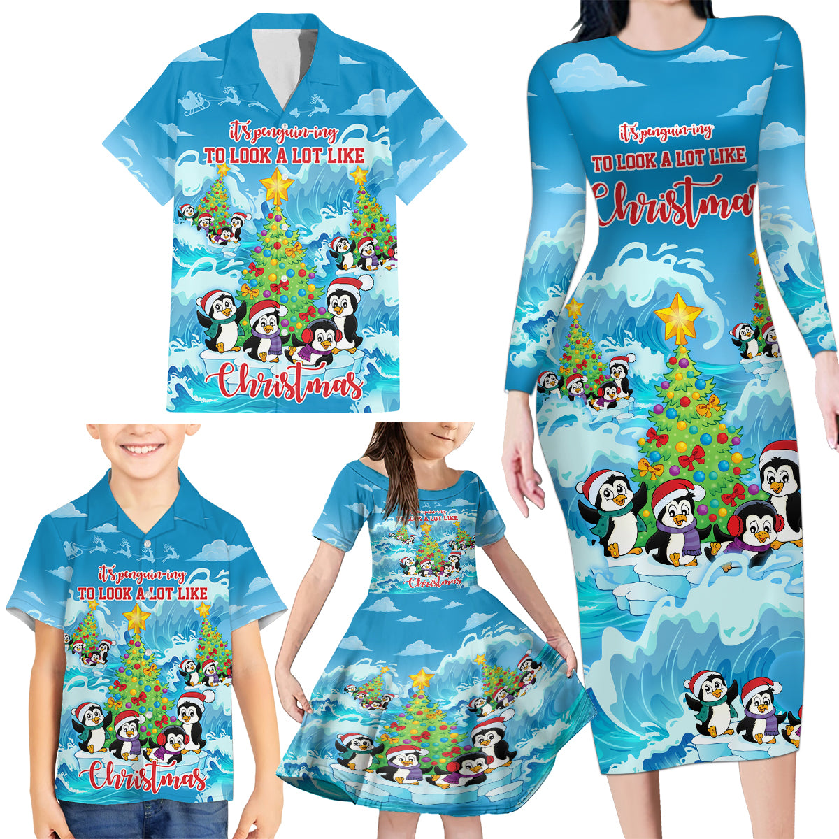 its-penguin-ing-to-look-a-lot-like-christmas-family-matching-long-sleeve-bodycon-dress-and-hawaiian-shirt