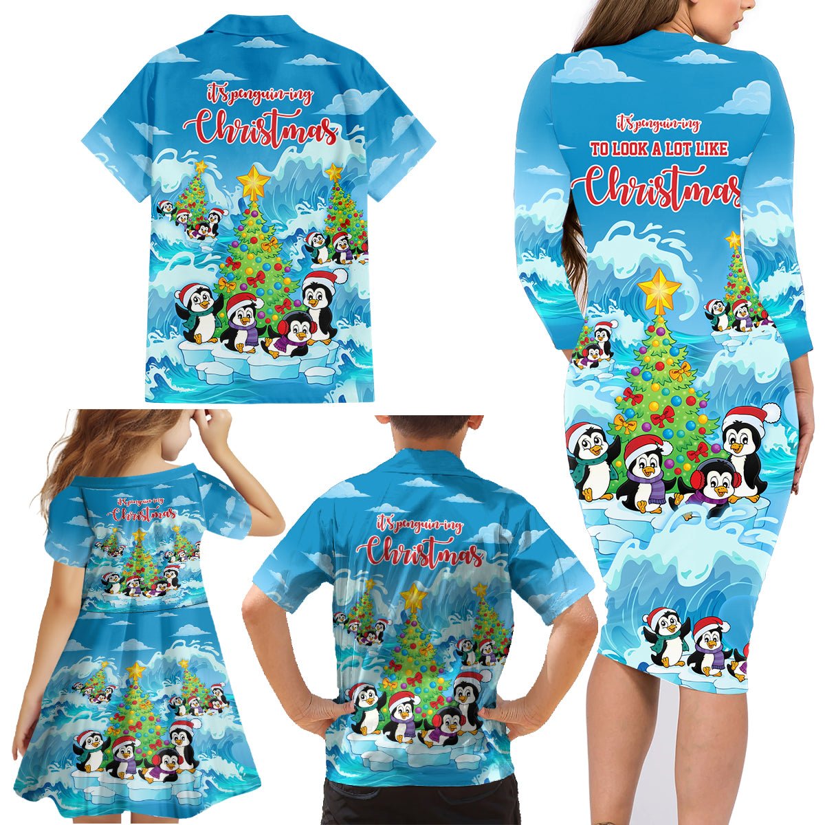 its-penguin-ing-to-look-a-lot-like-christmas-family-matching-long-sleeve-bodycon-dress-and-hawaiian-shirt