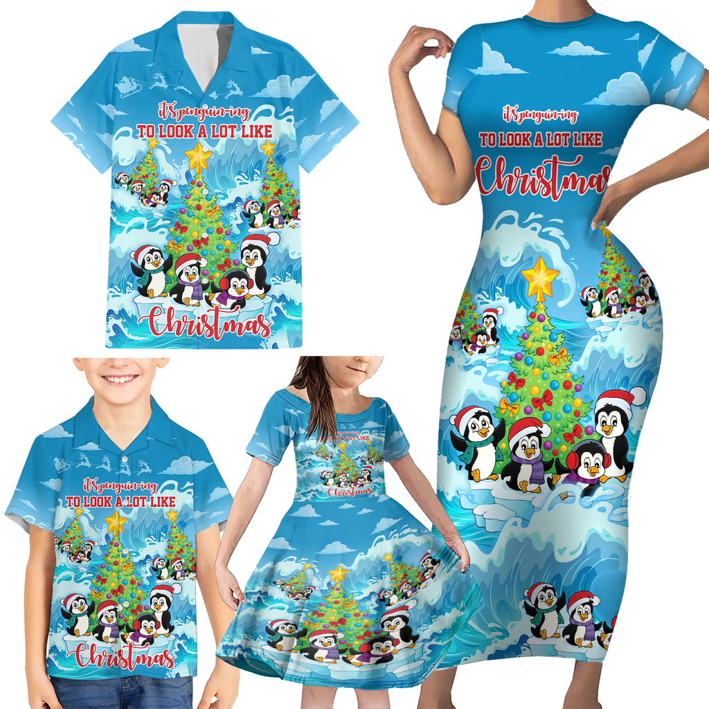 its-penguin-ing-to-look-a-lot-like-christmas-family-matching-short-sleeve-bodycon-dress-and-hawaiian-shirt