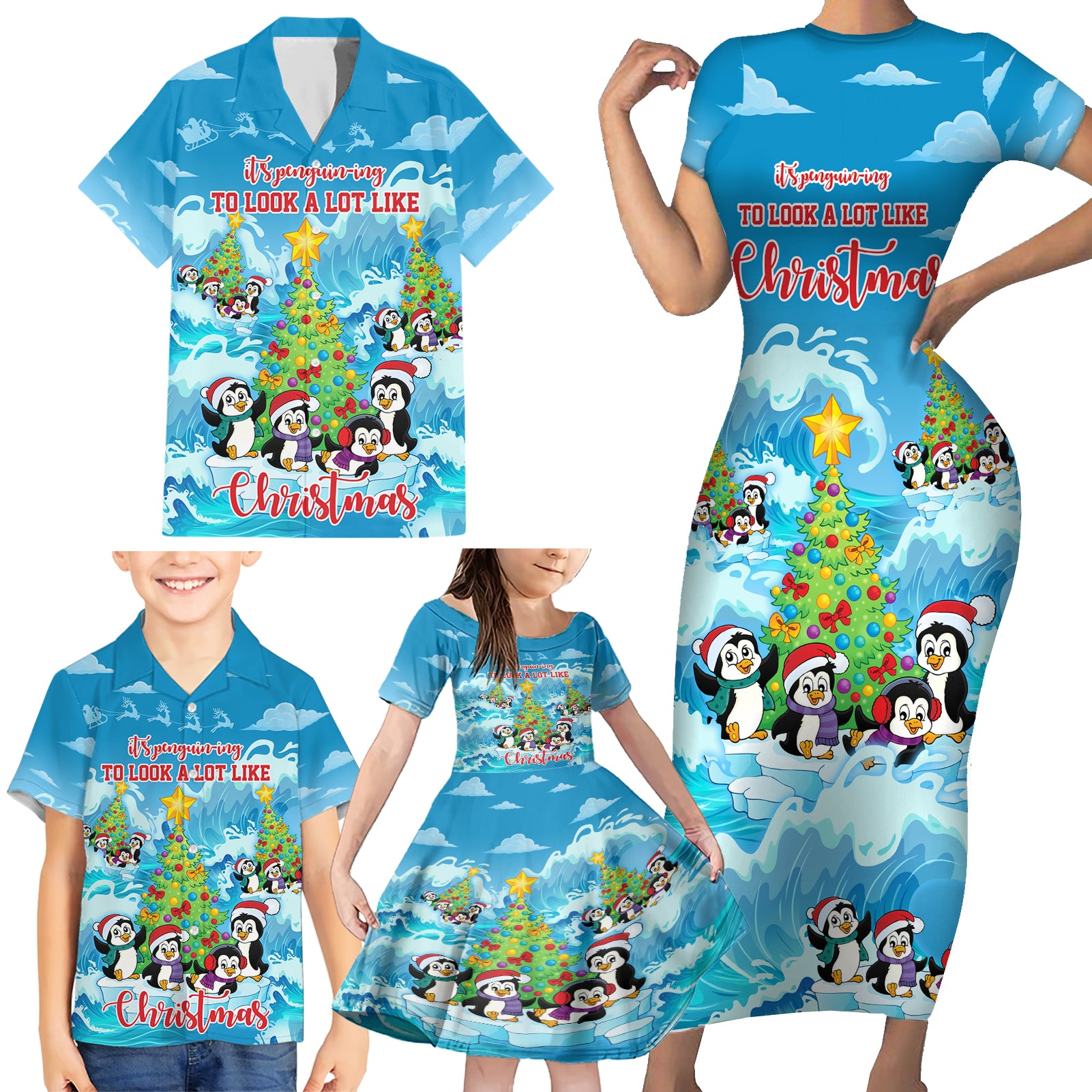 its-penguin-ing-to-look-a-lot-like-christmas-family-matching-short-sleeve-bodycon-dress-and-hawaiian-shirt