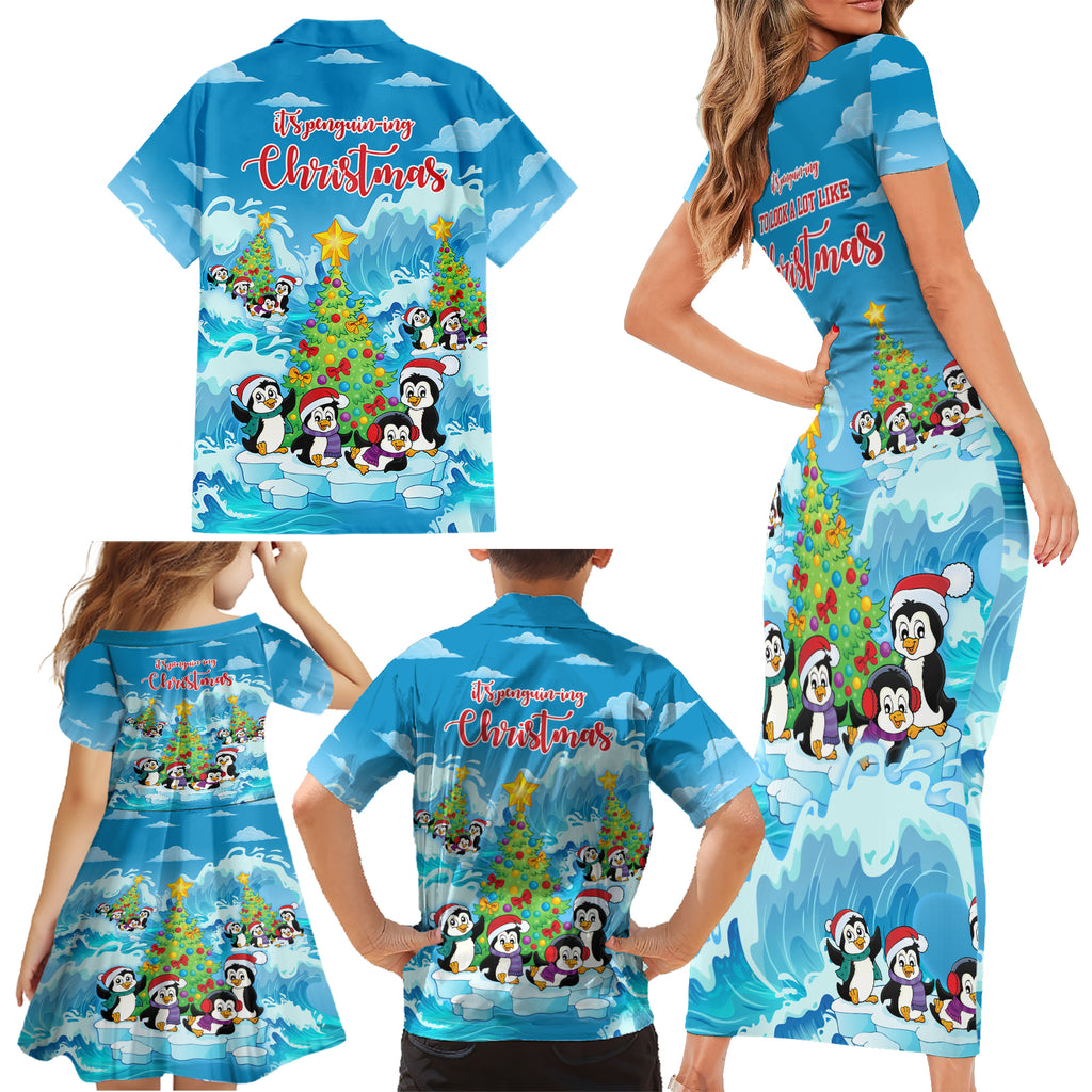 its-penguin-ing-to-look-a-lot-like-christmas-family-matching-short-sleeve-bodycon-dress-and-hawaiian-shirt