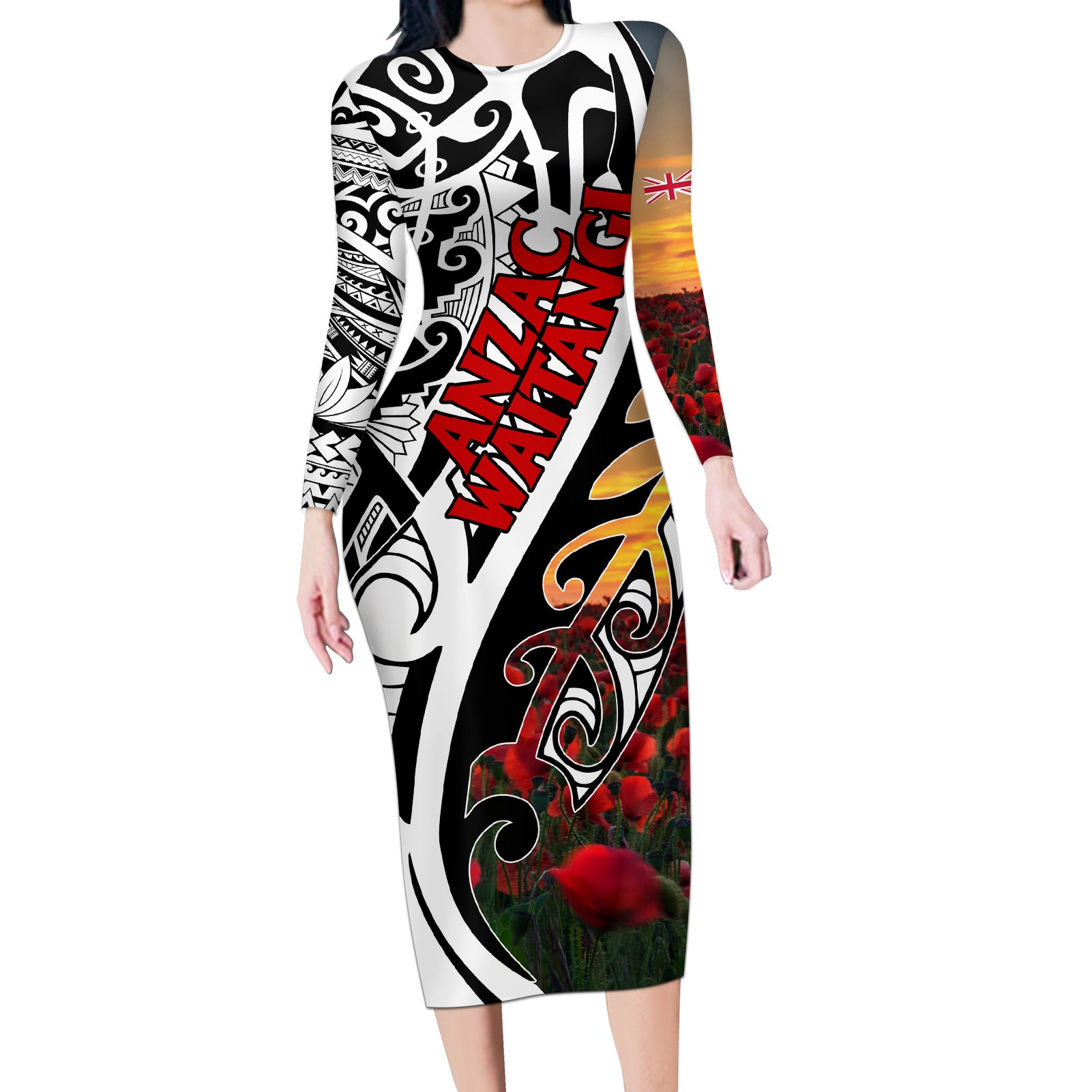 Personalised New Zealand Waitangi and ANZAC day Long Sleeve Bodycon Dress