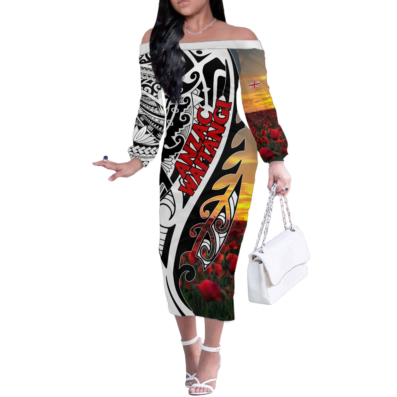Personalised New Zealand Waitangi and ANZAC day Off The Shoulder Long Sleeve Dress