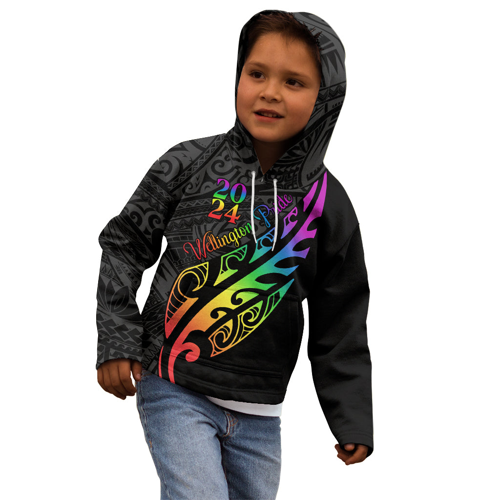 Personalised New Zealand Wellington Pride Kid Hoodie Maori Fern with Pride Flag 2024