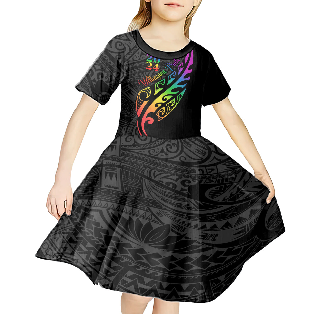 Personalised New Zealand Wellington Pride Kid Short Sleeve Dress Maori Fern with Pride Flag 2024